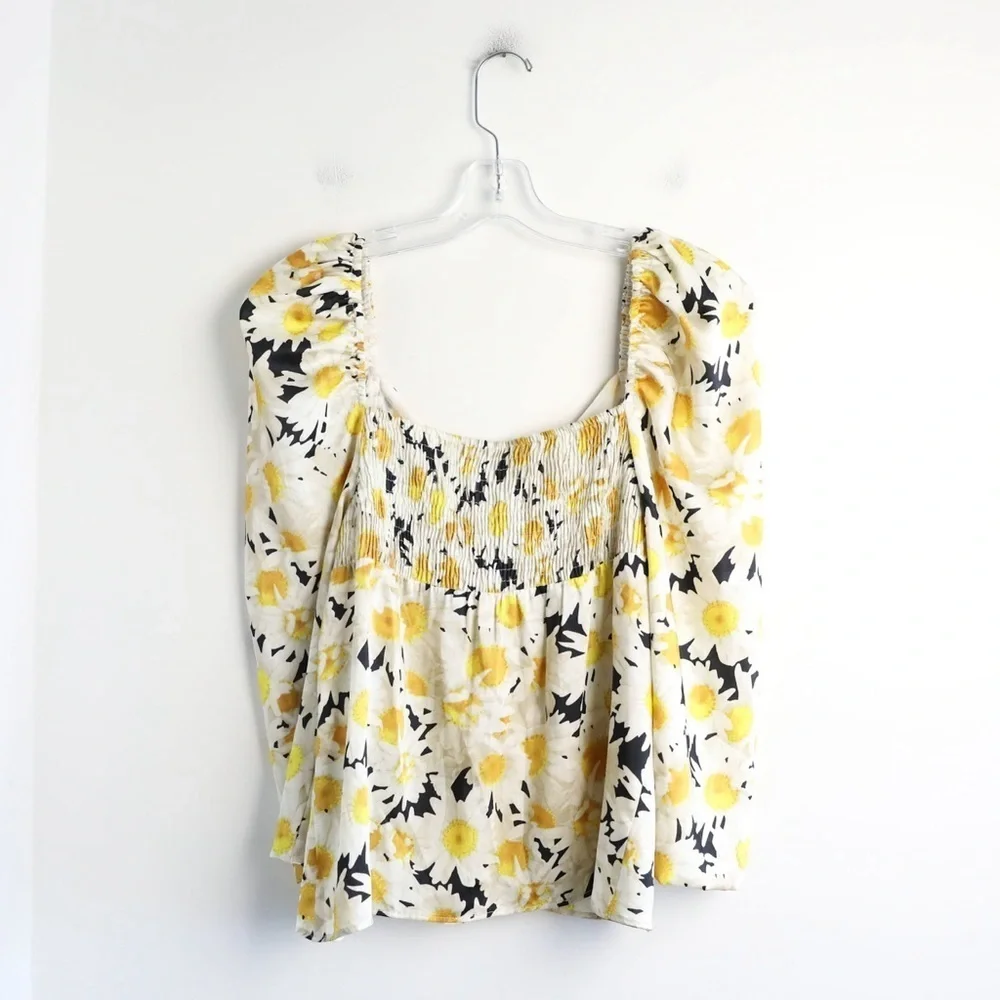 Zara floral daisy print top yellow blouse puff sleeve flowers spring summer S